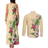 Hawaii Tropical Flowers Couples Matching Tank Maxi Dress and Long Sleeve Button Shirt Polynesian Tattoo Buttermilk LT05 - Polynesian Pride