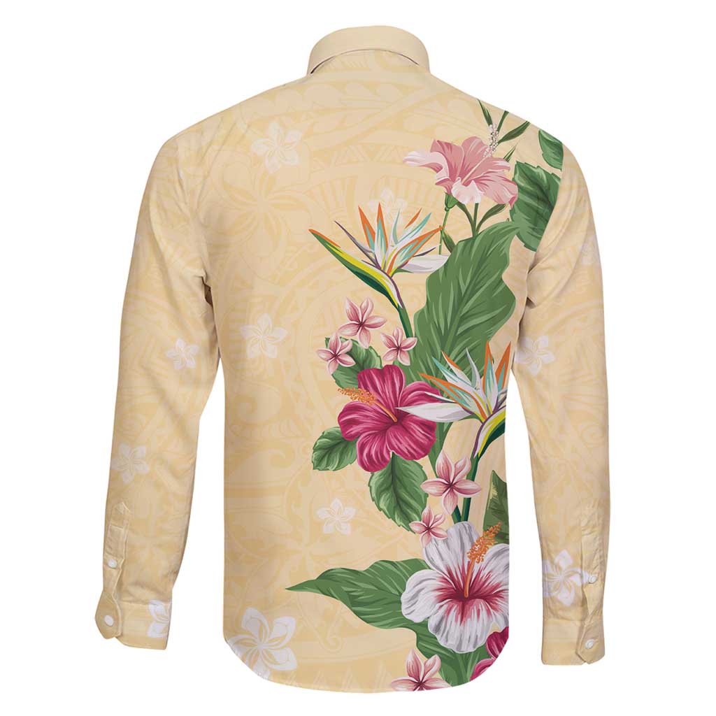 Hawaii Tropical Flowers Family Matching Long Sleeve Bodycon Dress and Hawaiian Shirt Polynesian Tattoo Buttermilk