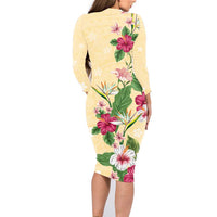 Hawaii Tropical Flowers Family Matching Long Sleeve Bodycon Dress and Hawaiian Shirt Polynesian Tattoo Buttermilk