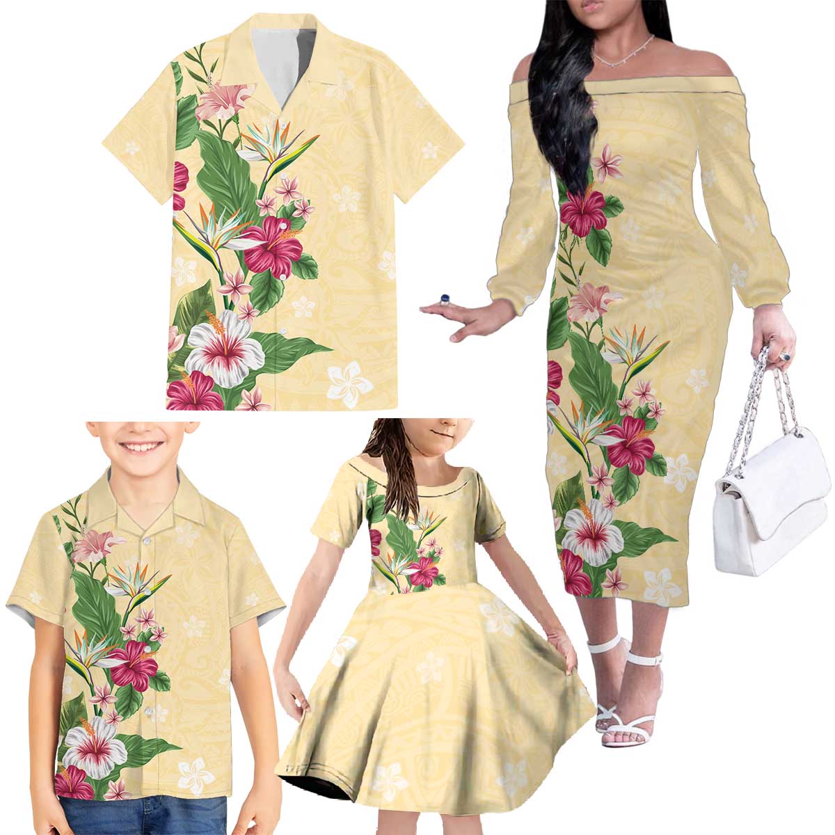 Hawaii Tropical Flowers Family Matching Off The Shoulder Long Sleeve Dress and Hawaiian Shirt Polynesian Tattoo Buttermilk