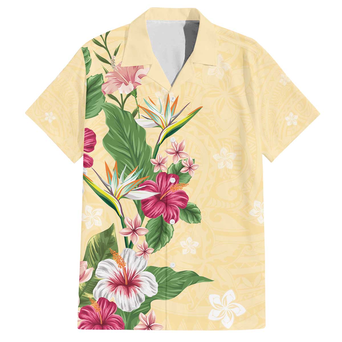 Hawaii Tropical Flowers Family Matching Off The Shoulder Long Sleeve Dress and Hawaiian Shirt Polynesian Tattoo Buttermilk