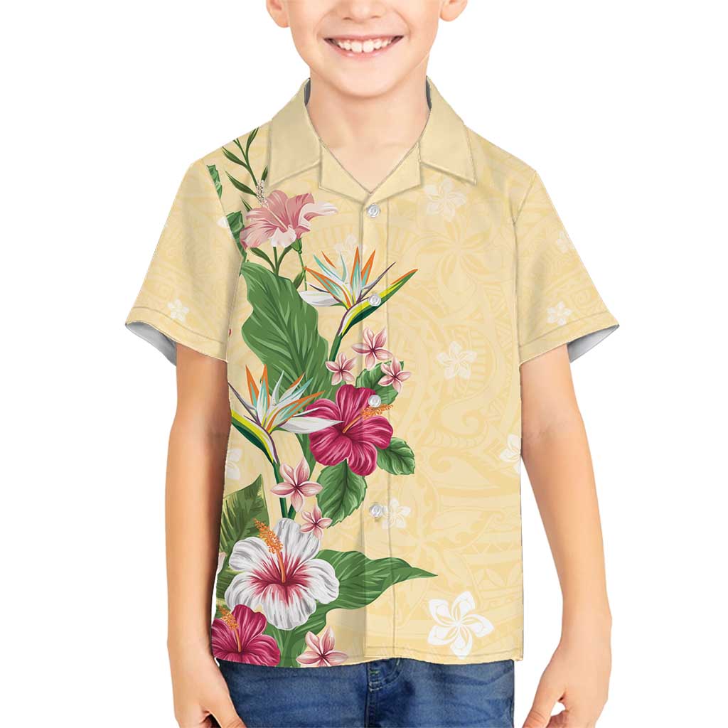 Hawaii Tropical Flowers Family Matching Off Shoulder Maxi Dress and Hawaiian Shirt Polynesian Tattoo Buttermilk