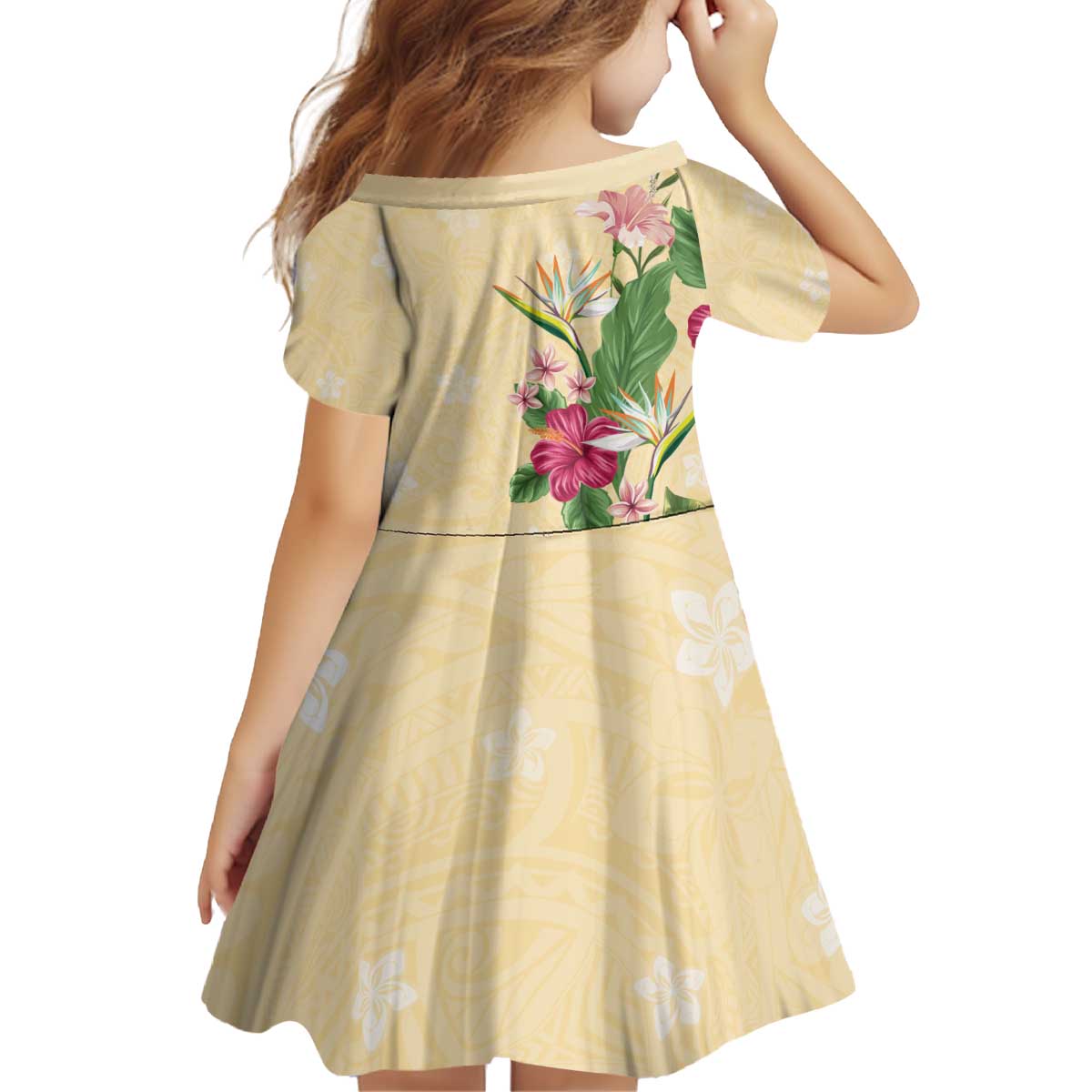 Hawaii Tropical Flowers Family Matching Off Shoulder Short Dress and Hawaiian Shirt Polynesian Tattoo Buttermilk LT05 - Polynesian Pride