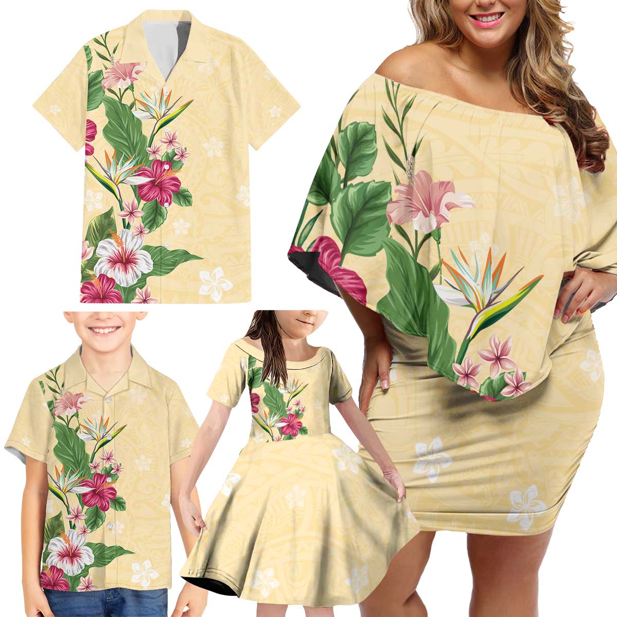 Hawaii Tropical Flowers Family Matching Off Shoulder Short Dress and Hawaiian Shirt Polynesian Tattoo Buttermilk