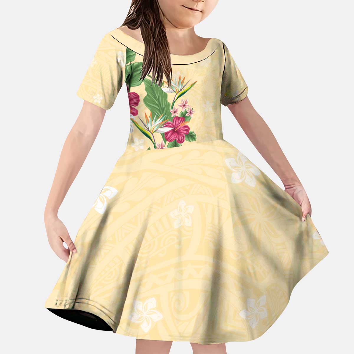 Hawaii Tropical Flowers Family Matching Puletasi and Hawaiian Shirt Polynesian Tattoo Buttermilk LT05 Daughter's Dress Beige - Polynesian Pride