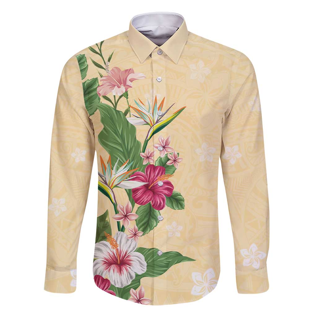 Hawaii Tropical Flowers Family Matching Short Sleeve Bodycon Dress and Hawaiian Shirt Polynesian Tattoo Buttermilk