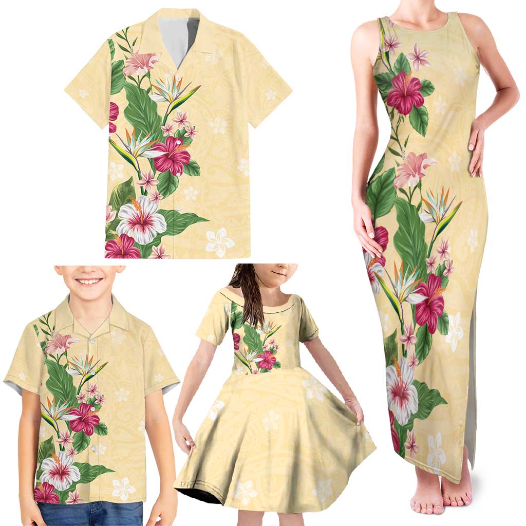 Hawaii Tropical Flowers Family Matching Tank Maxi Dress and Hawaiian Shirt Polynesian Tattoo Buttermilk