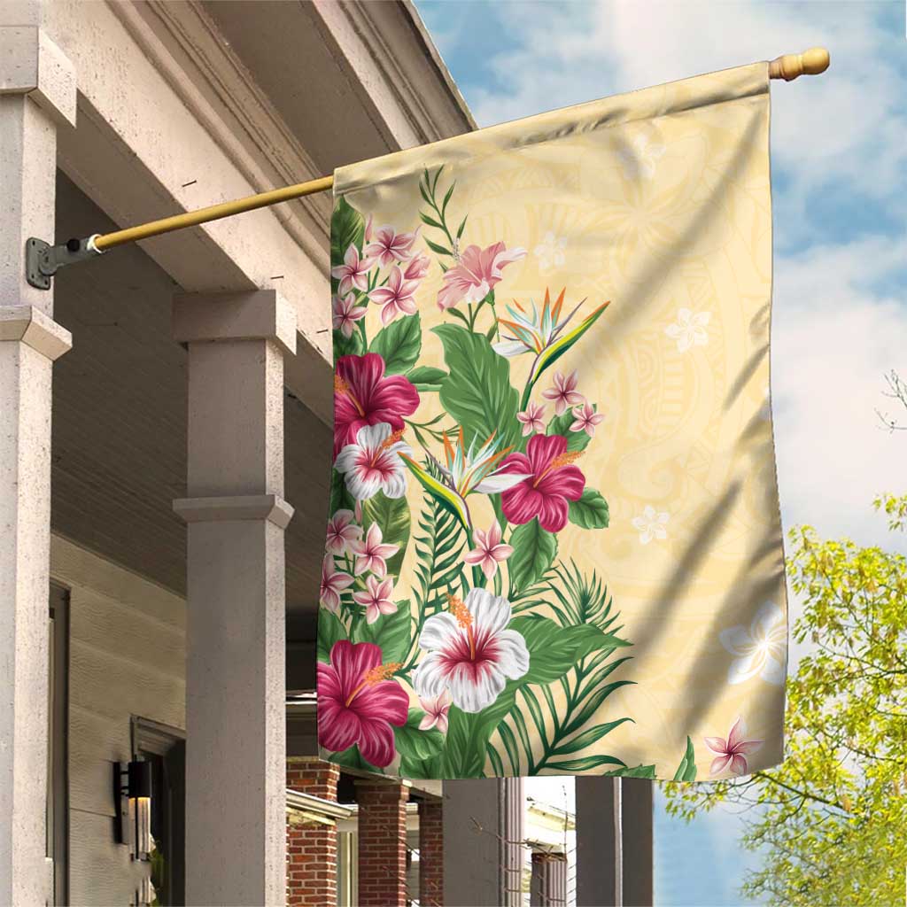 Hawaii Tropical Flowers Garden Flag Polynesian Tattoo Buttermilk LT05 House Flag Beige - Polynesian Pride