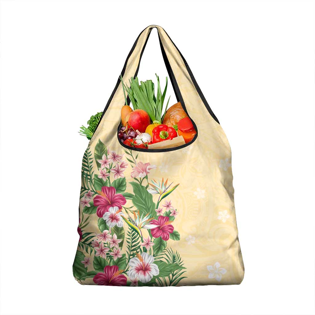 Hawaii Tropical Flowers Grocery Bag Polynesian Tattoo Buttermilk LT05 1-pack One Size Beige - Polynesian Pride
