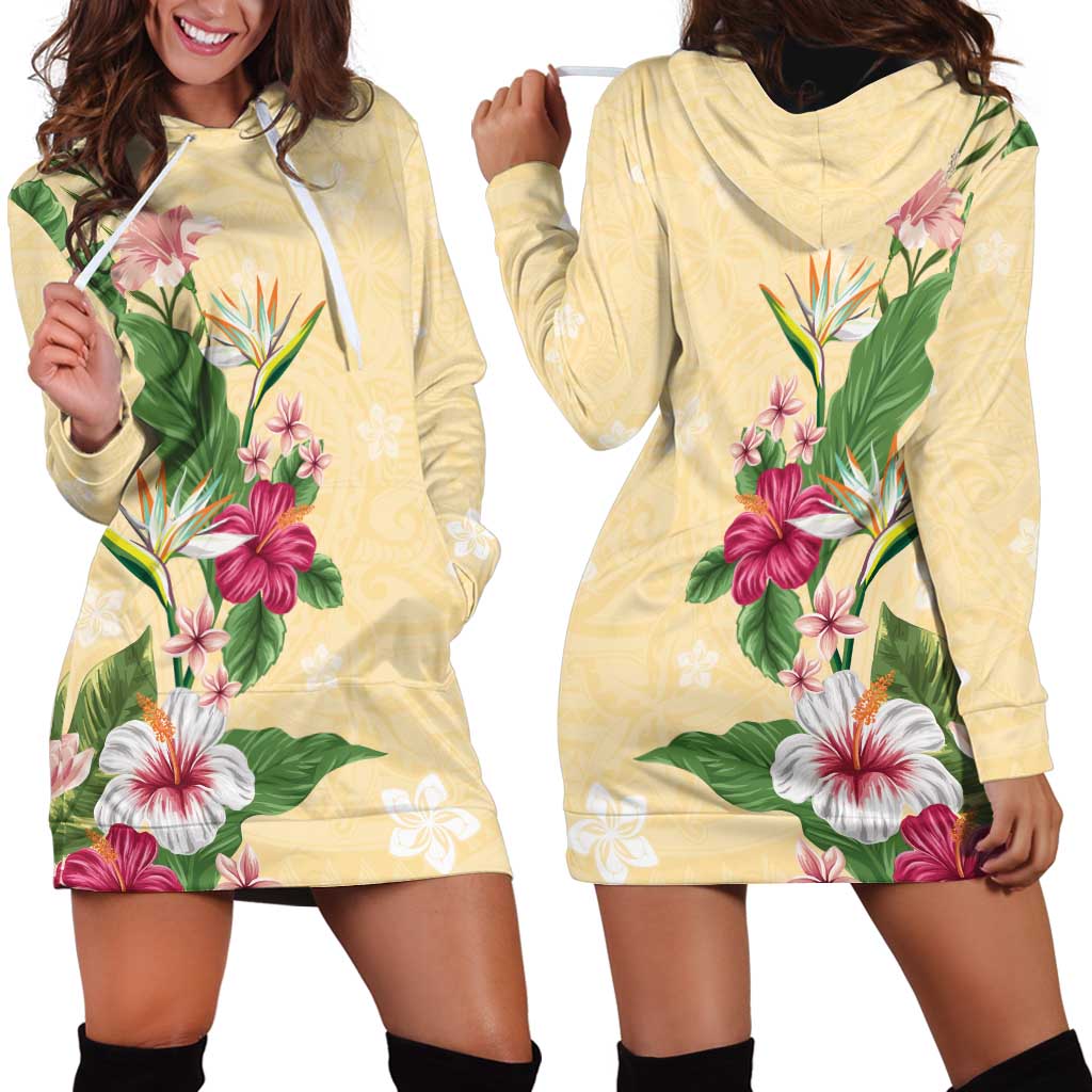 Hawaii Tropical Flowers Hoodie Dress Polynesian Tattoo Buttermilk LT05 - Polynesian Pride