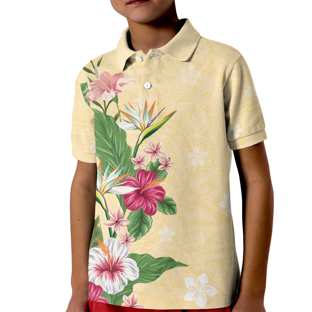 Hawaii Tropical Flowers Kid Polo Shirt Polynesian Tattoo Buttermilk