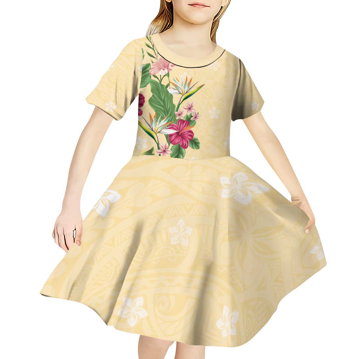 Hawaii Tropical Flowers Kid Short Sleeve Dress Polynesian Tattoo Buttermilk