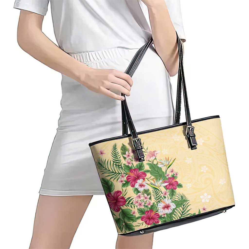 Hawaii Tropical Flowers Leather Tote Bag Polynesian Tattoo Buttermilk LT05 - Polynesian Pride