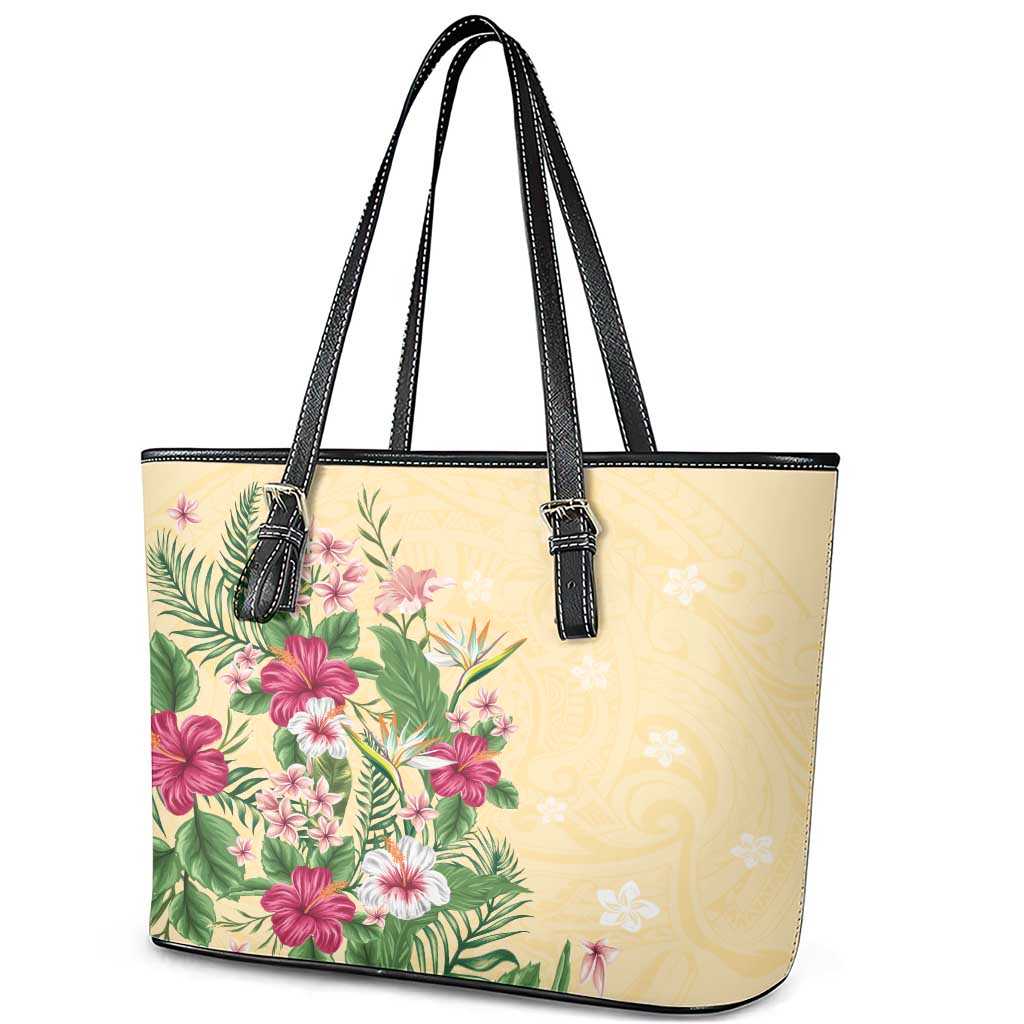 Hawaii Tropical Flowers Leather Tote Bag Polynesian Tattoo Buttermilk LT05 - Polynesian Pride