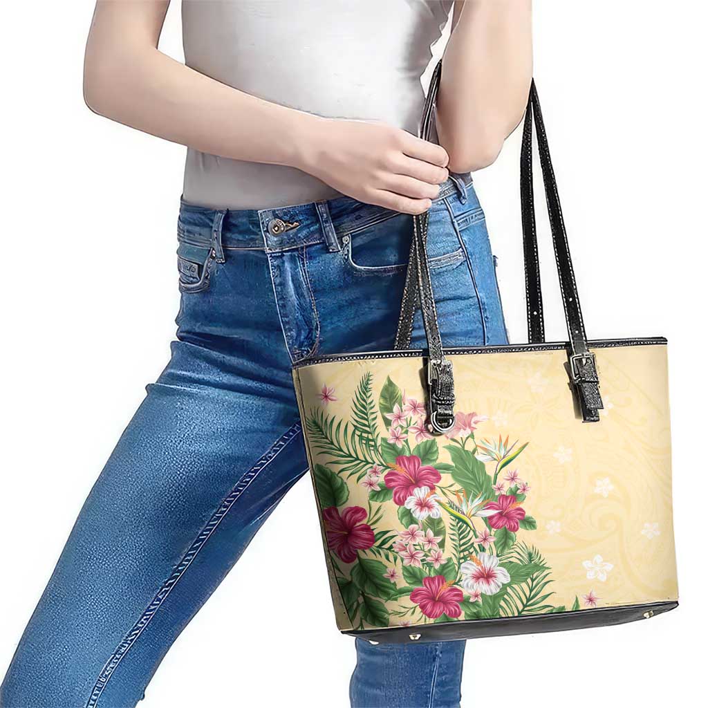 Hawaii Tropical Flowers Leather Tote Bag Polynesian Tattoo Buttermilk LT05 - Polynesian Pride
