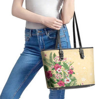 Hawaii Tropical Flowers Leather Tote Bag Polynesian Tattoo Buttermilk LT05 - Polynesian Pride