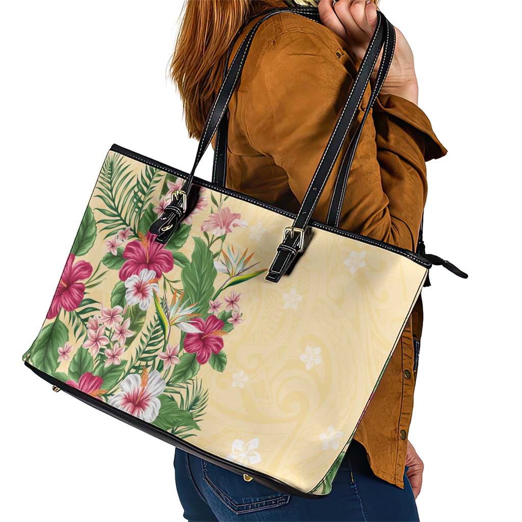 Hawaii Tropical Flowers Leather Tote Bag Polynesian Tattoo Buttermilk LT05 - Polynesian Pride