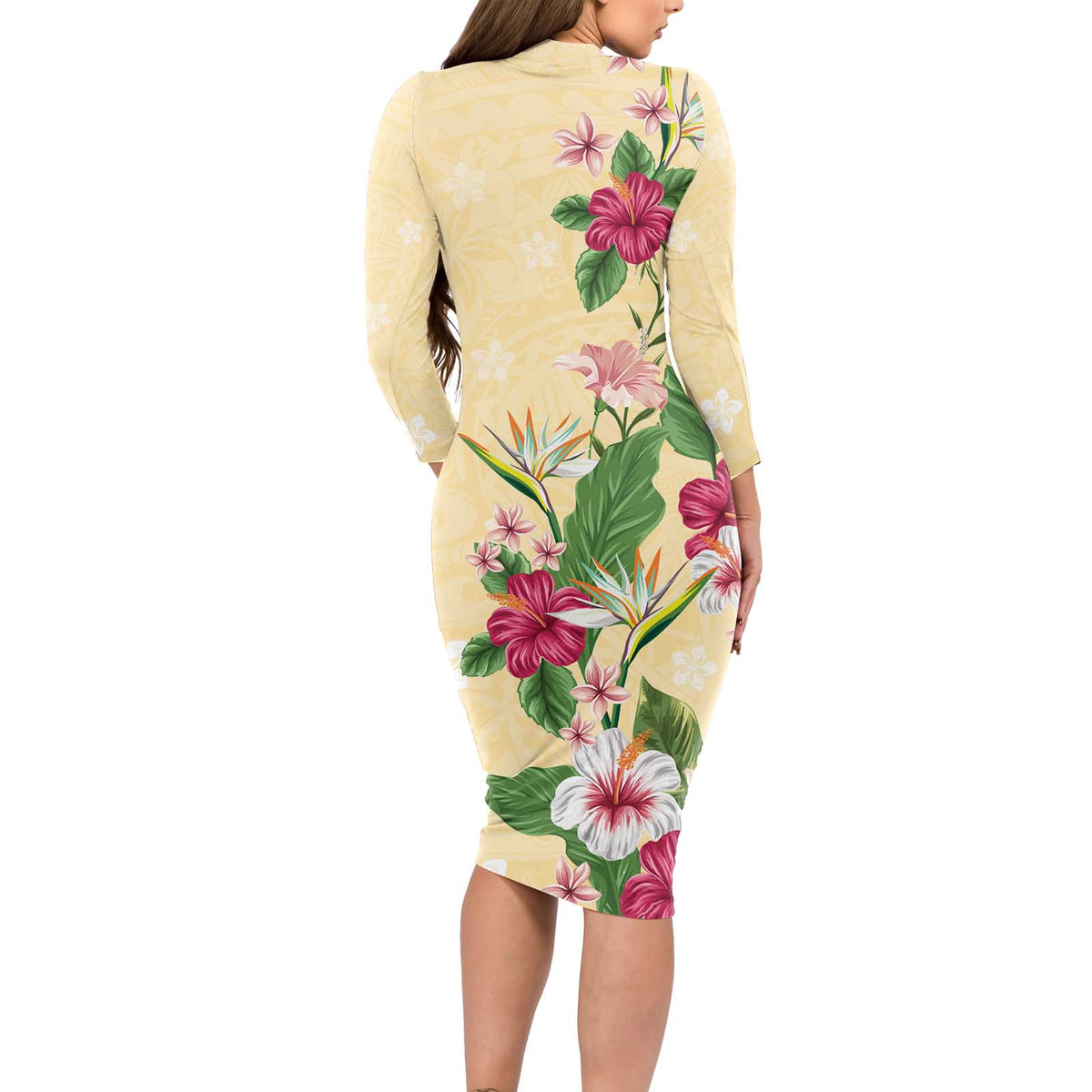 Hawaii Tropical Flowers Long Sleeve Bodycon Dress Polynesian Tattoo Buttermilk