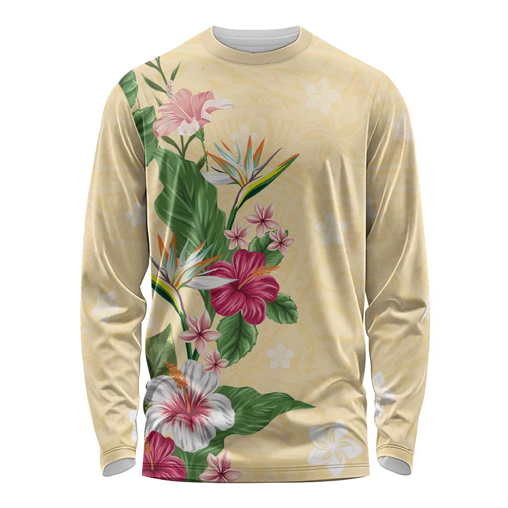 Hawaii Tropical Flowers Long Sleeve Shirt Polynesian Tattoo Buttermilk