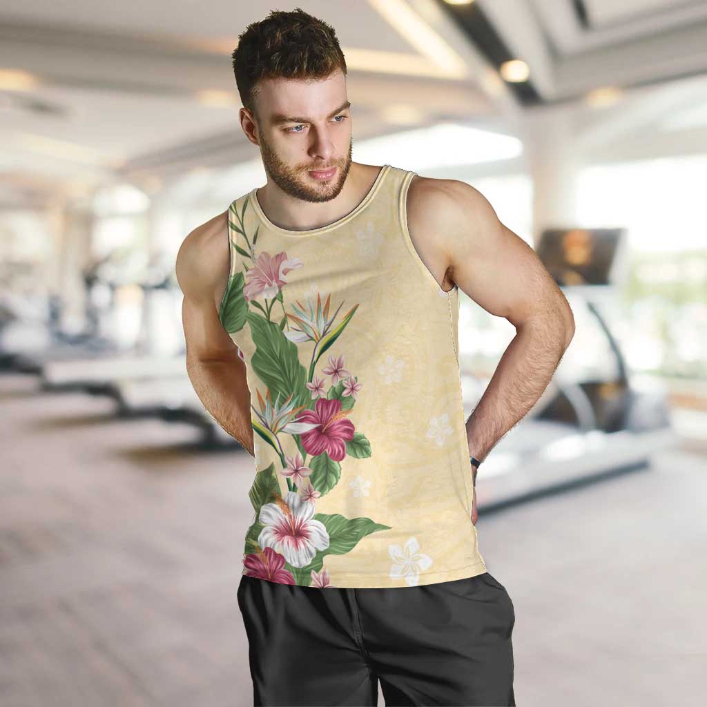 Hawaii Tropical Flowers Men Tank Top Polynesian Tattoo Buttermilk LT05 Beige - Polynesian Pride
