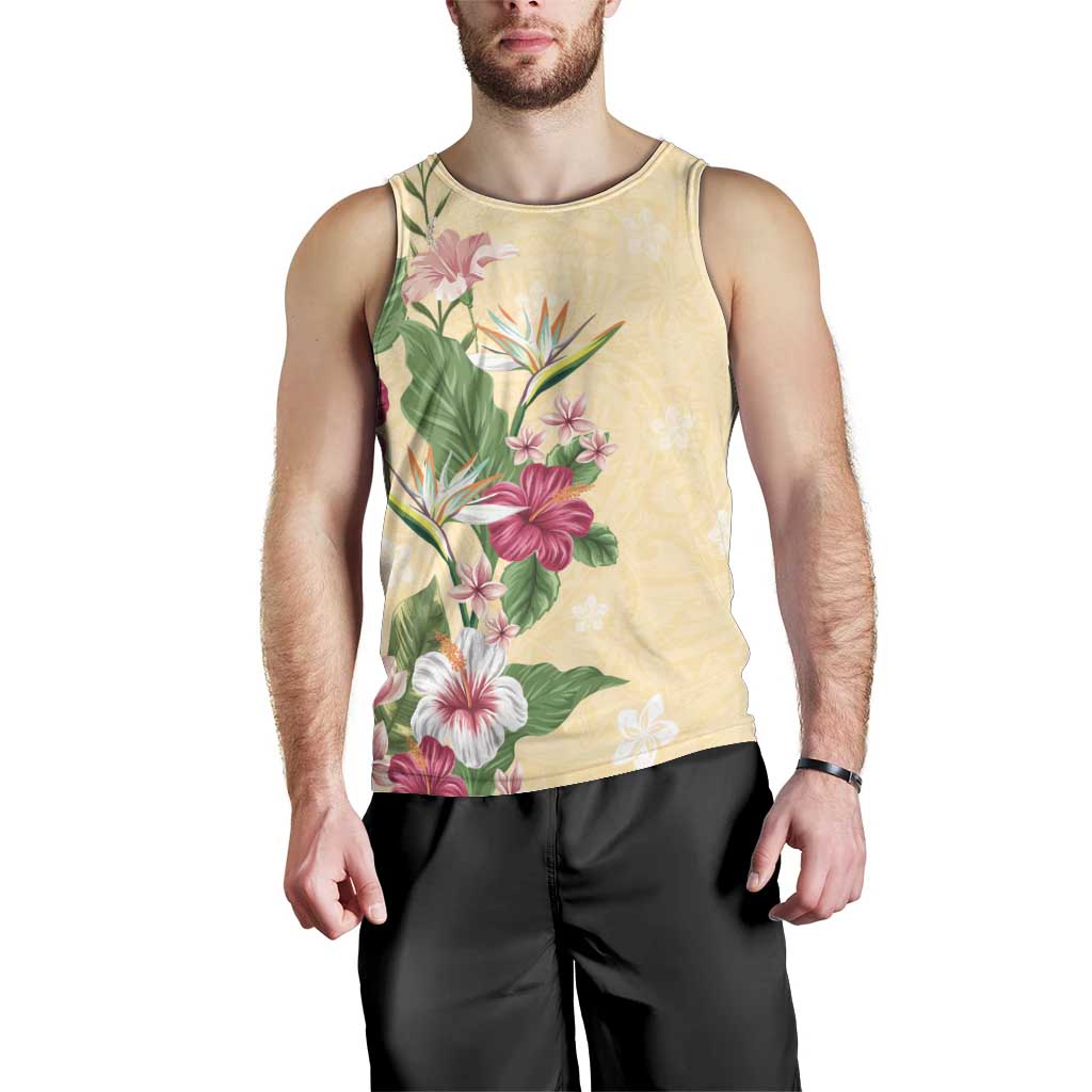 Hawaii Tropical Flowers Men Tank Top Polynesian Tattoo Buttermilk LT05 - Polynesian Pride
