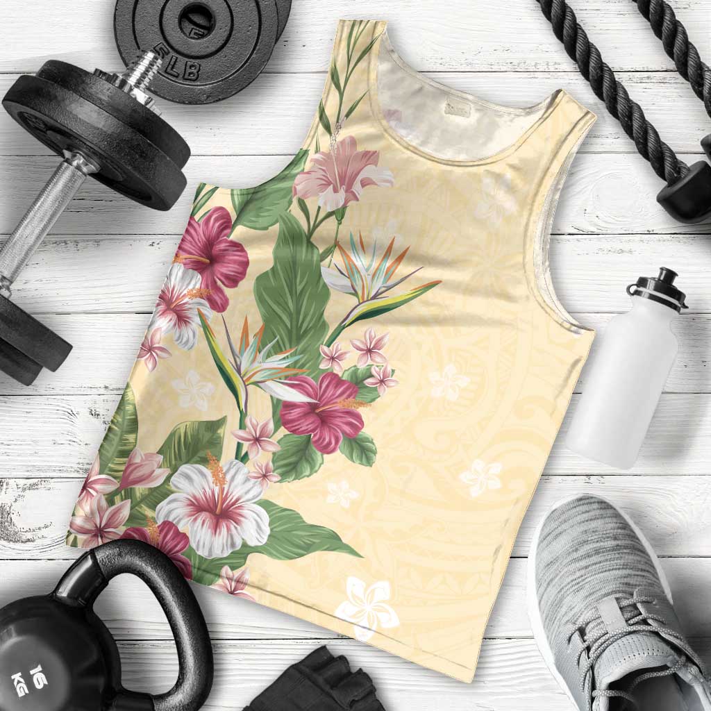Hawaii Tropical Flowers Men Tank Top Polynesian Tattoo Buttermilk LT05 - Polynesian Pride