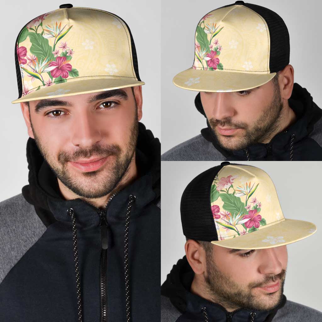 Hawaii Tropical Flowers Mesh Trucker Cap Polynesian Tattoo Buttermilk LT05 - Polynesian Pride