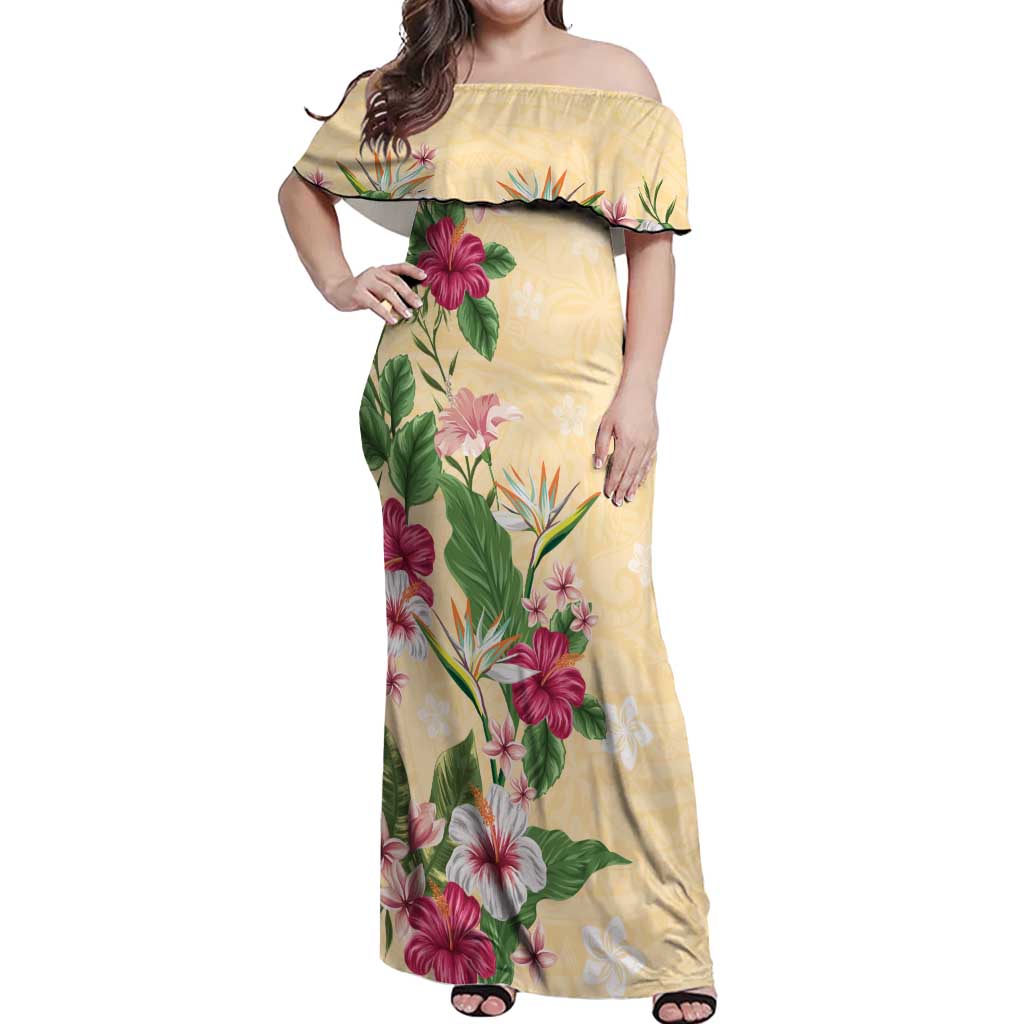 Hawaii Tropical Flowers Off Shoulder Maxi Dress Polynesian Tattoo Buttermilk