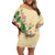 Hawaii Tropical Flowers Off Shoulder Short Dress Polynesian Tattoo Buttermilk