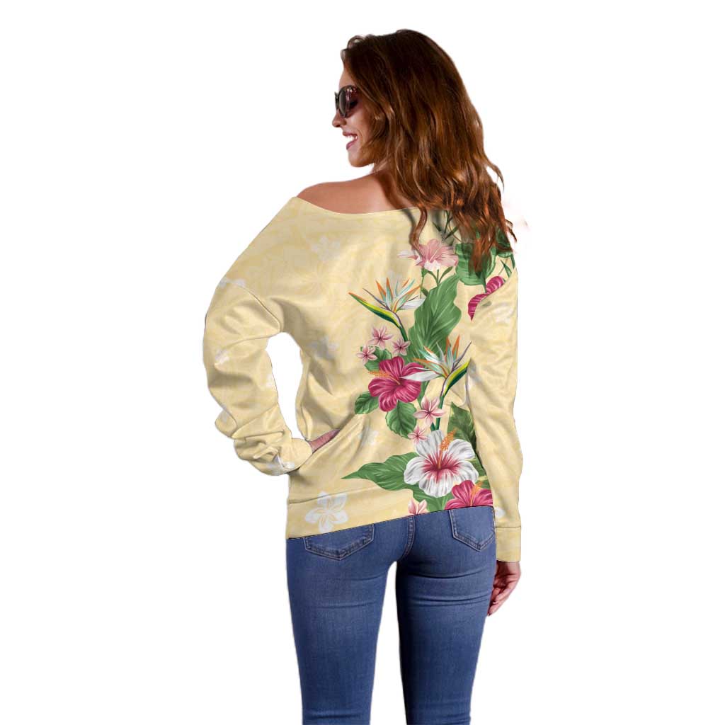 Hawaii Tropical Flowers Off Shoulder Sweater Polynesian Tattoo Buttermilk