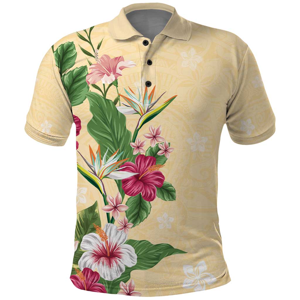 Hawaii Tropical Flowers Polo Shirt Polynesian Tattoo Buttermilk