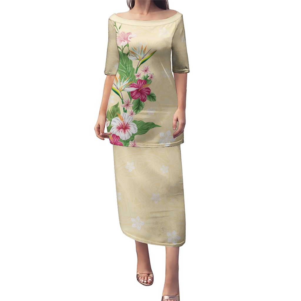 Hawaii Tropical Flowers Puletasi Polynesian Tattoo Buttermilk LT05 Long Dress Beige - Polynesian Pride