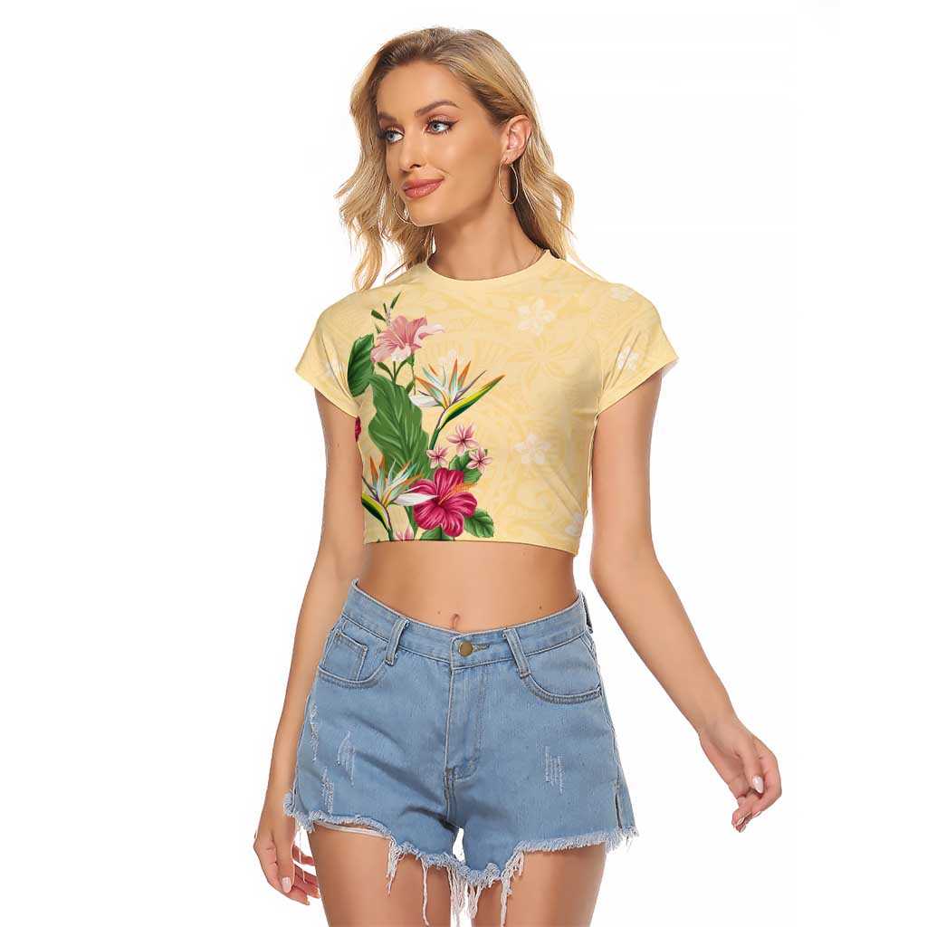 Hawaii Tropical Flowers Raglan Cropped T Shirt Polynesian Tattoo Buttermilk