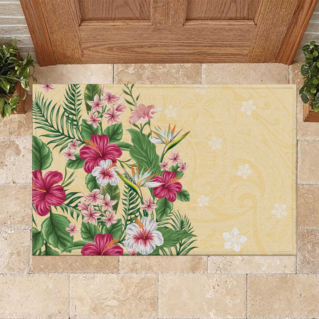 Hawaii Tropical Flowers Rubber Doormat Polynesian Tattoo Buttermilk