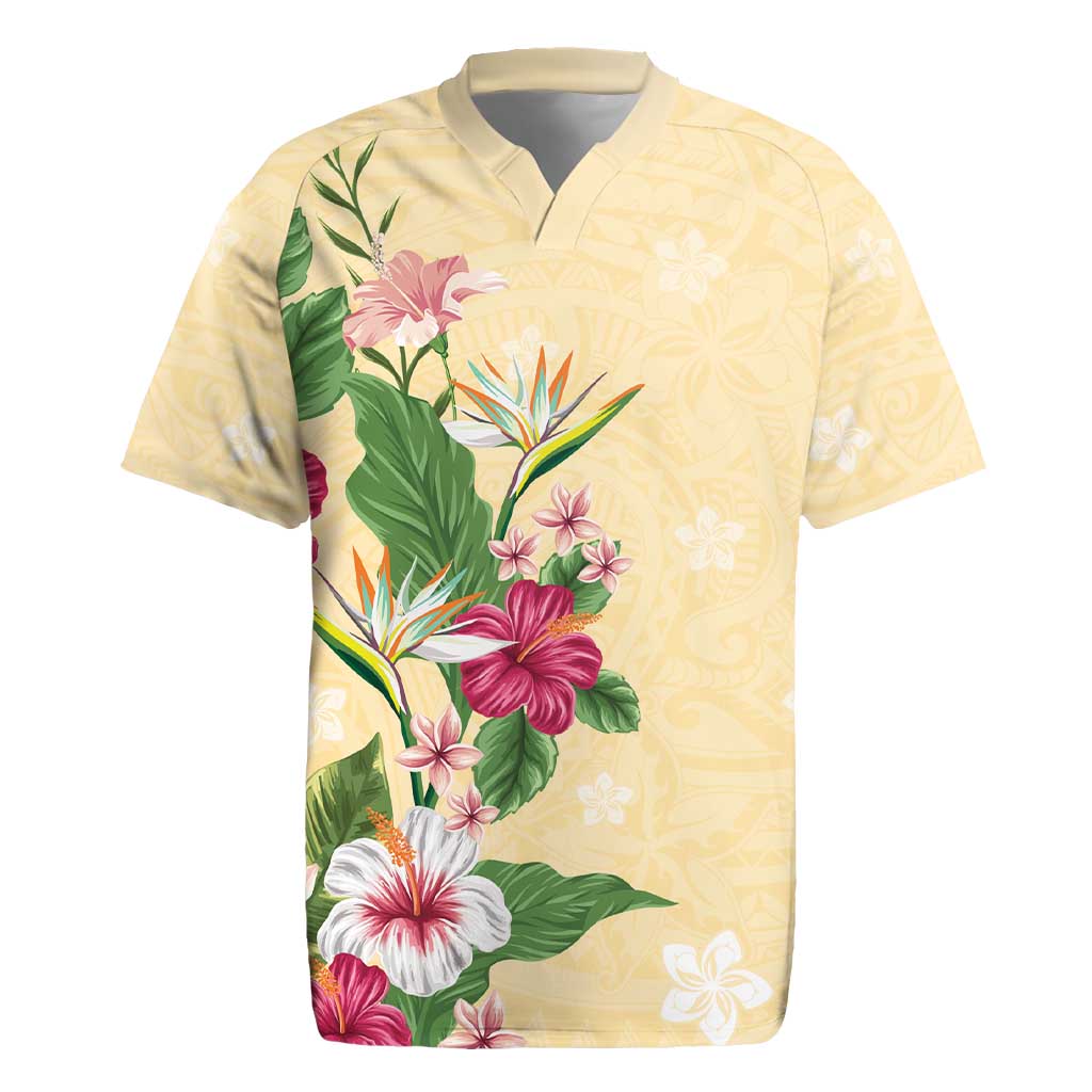 Hawaii Tropical Flowers Rugby Jersey Polynesian Tattoo Buttermilk