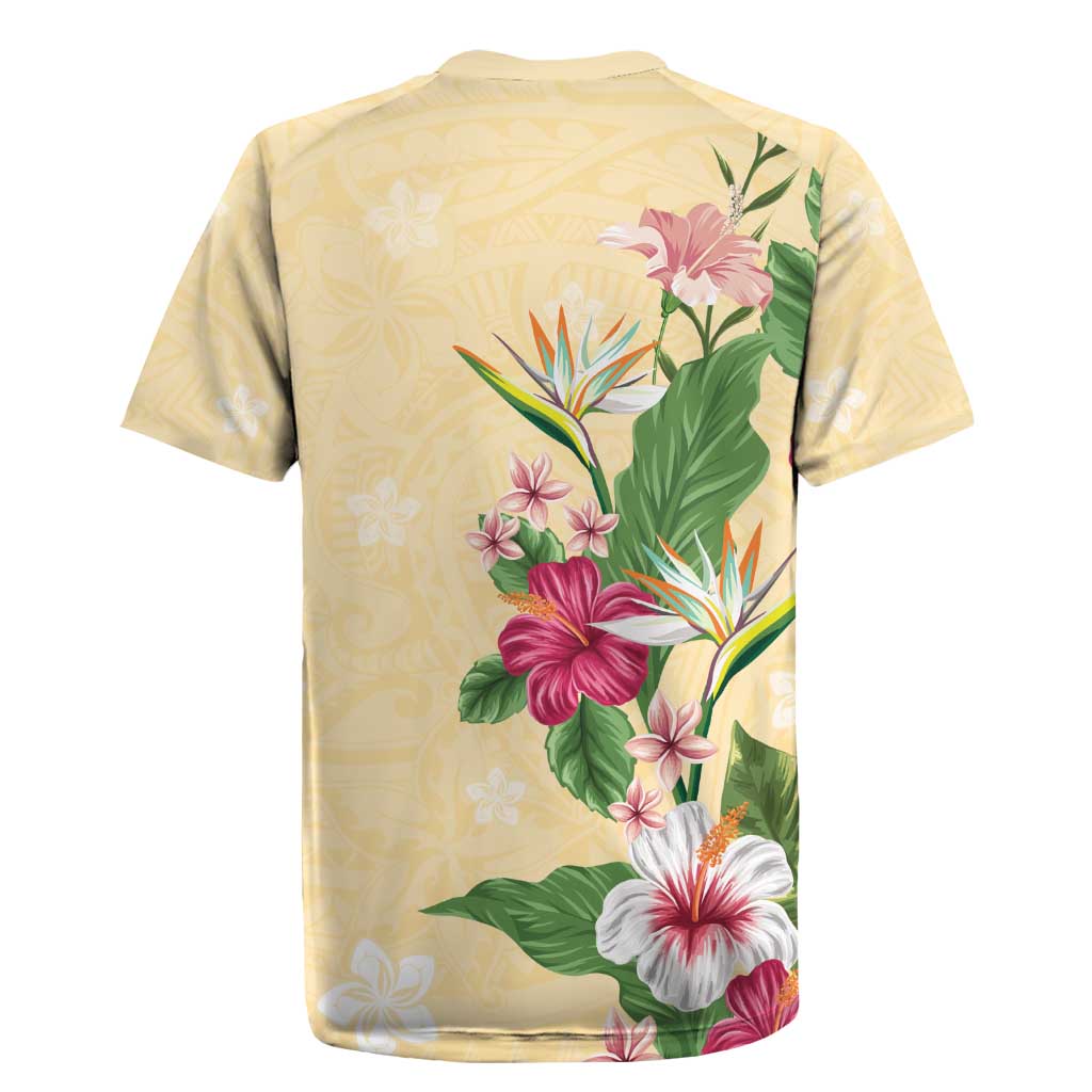 Hawaii Tropical Flowers Rugby Jersey Polynesian Tattoo Buttermilk LT05 - Polynesian Pride