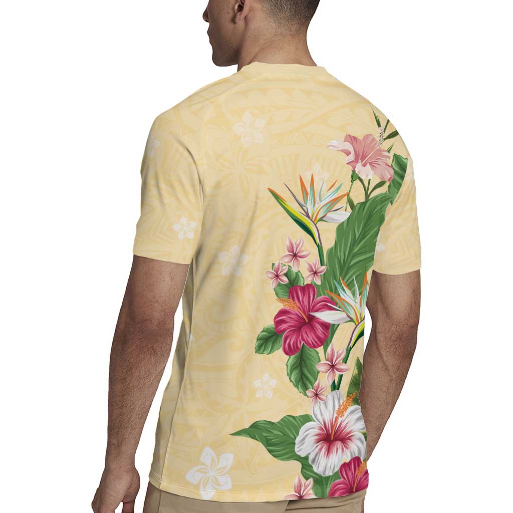 Hawaii Tropical Flowers Rugby Jersey Polynesian Tattoo Buttermilk LT05 - Polynesian Pride