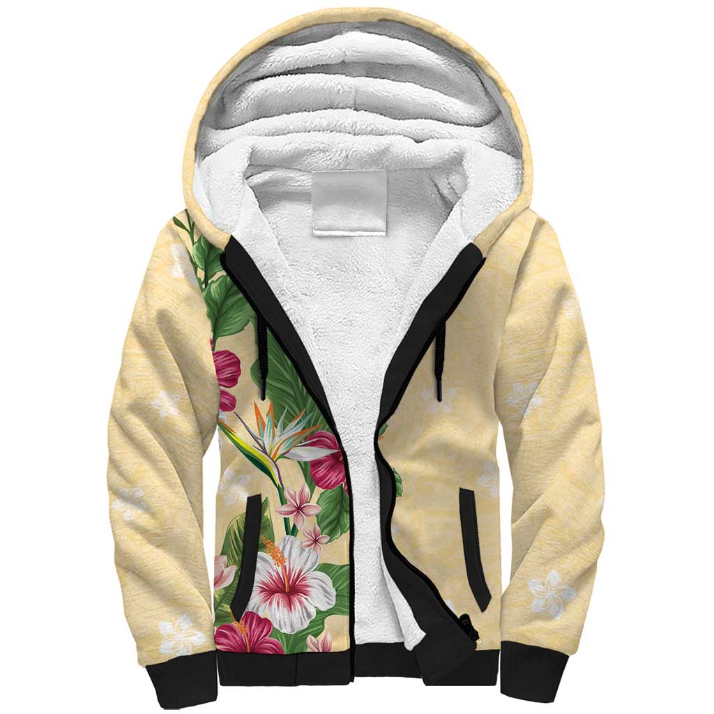 Hawaii Tropical Flowers Sherpa Hoodie Polynesian Tattoo Buttermilk