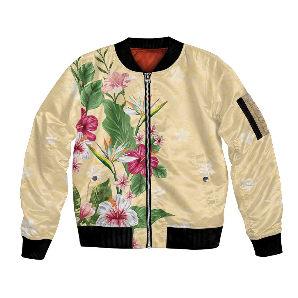 Hawaii Tropical Flowers Sleeve Zip Bomber Jacket Polynesian Tattoo Buttermilk