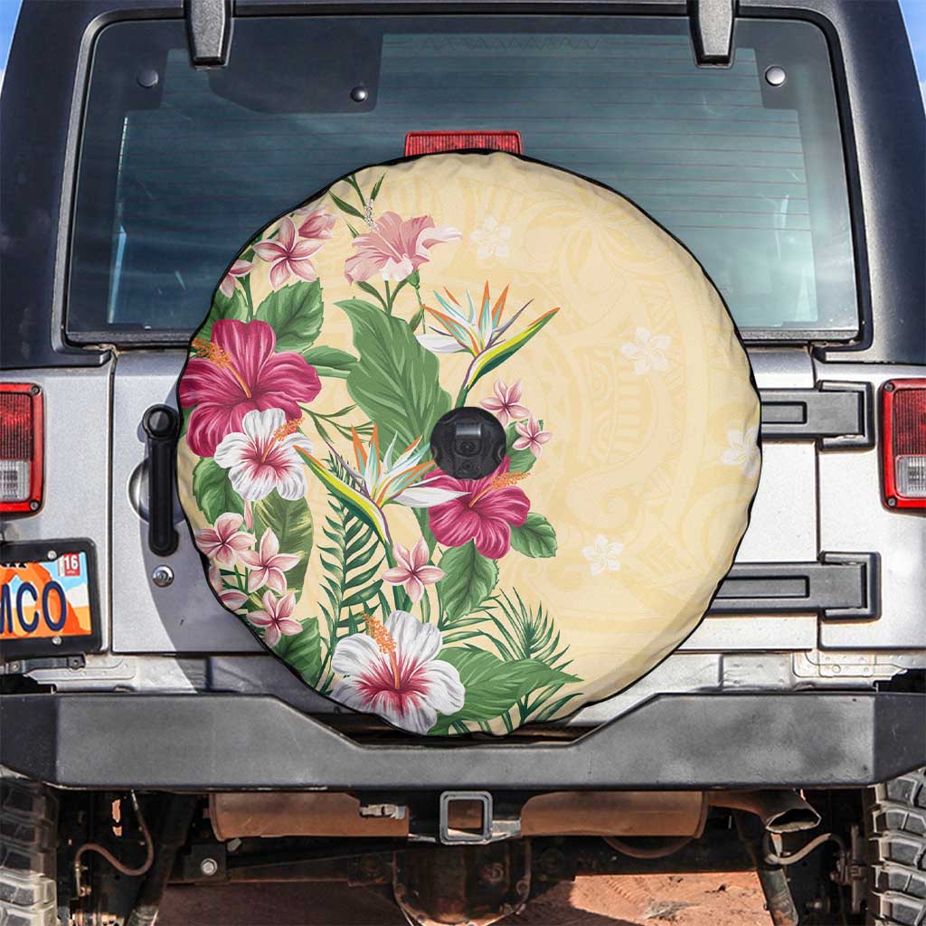 Hawaii Tropical Flowers Spare Tire Cover Polynesian Tattoo Buttermilk