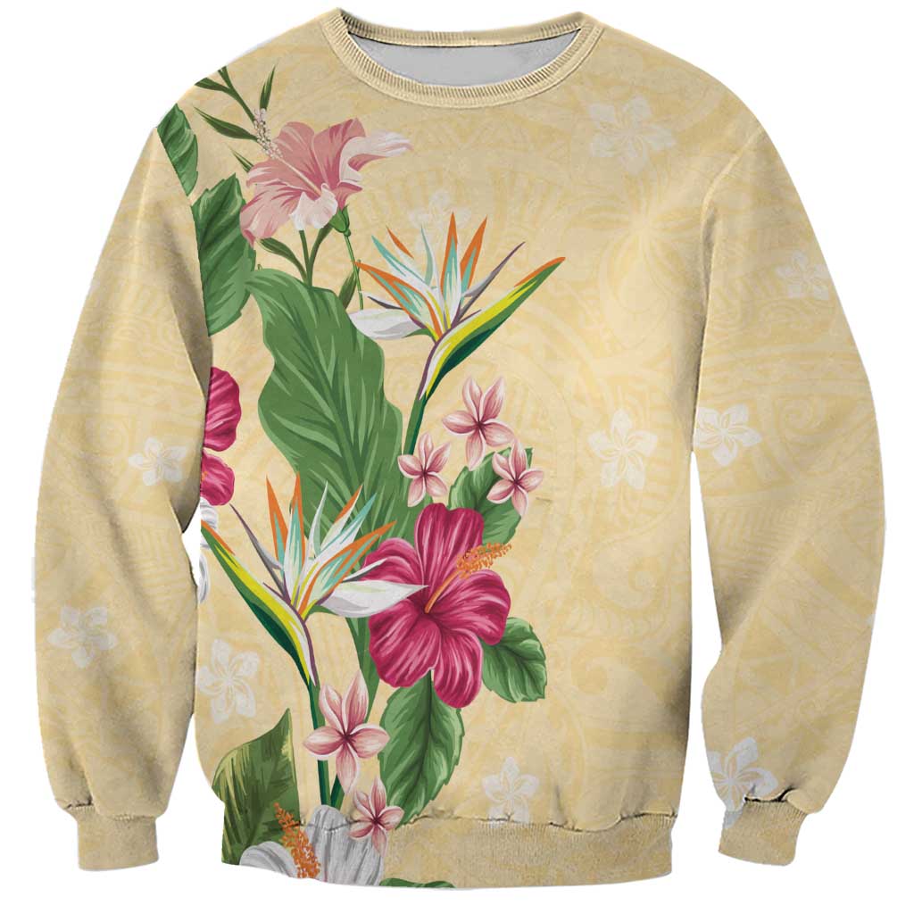 Hawaii Tropical Flowers Sweatshirt Polynesian Tattoo Buttermilk