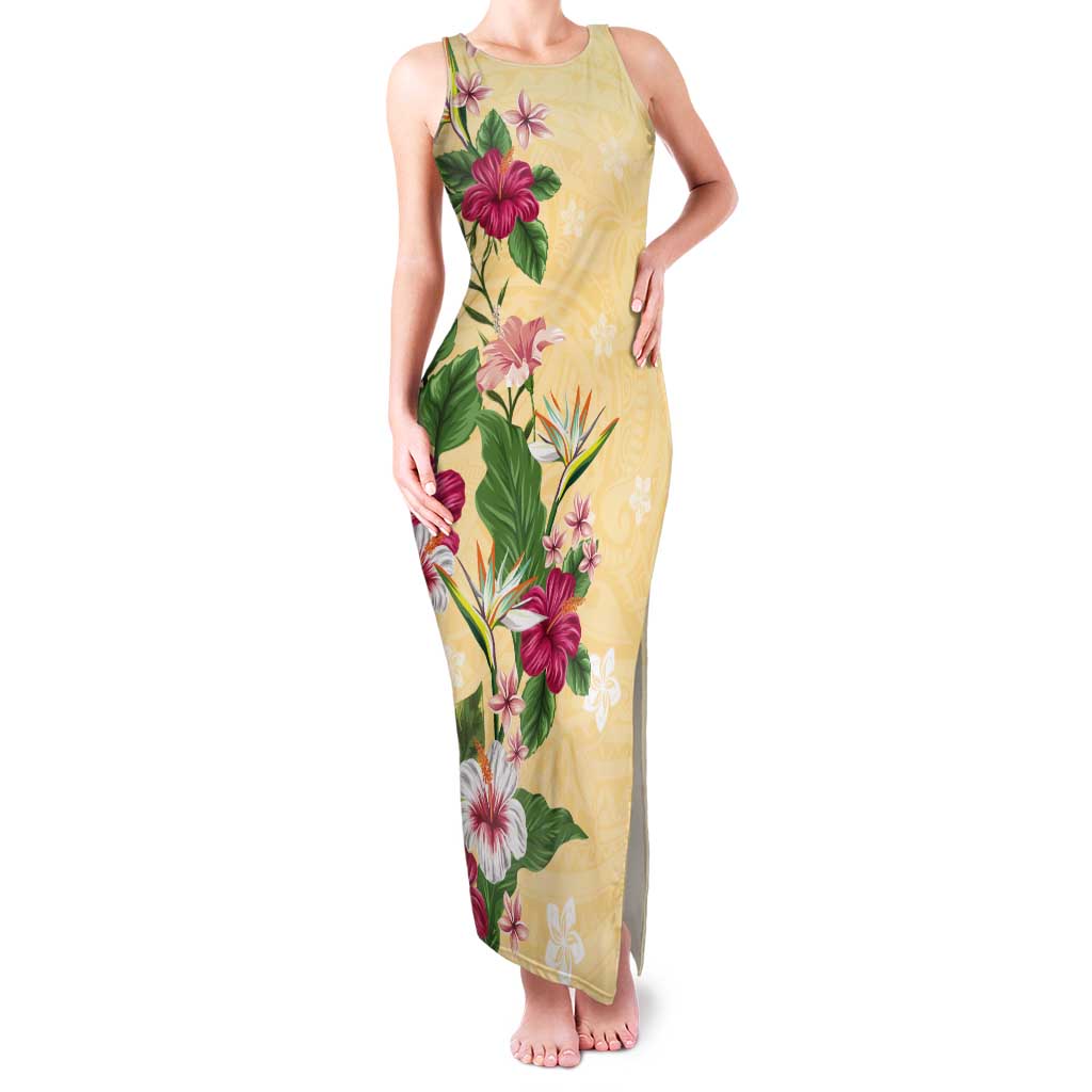 Hawaii Tropical Flowers Tank Maxi Dress Polynesian Tattoo Buttermilk