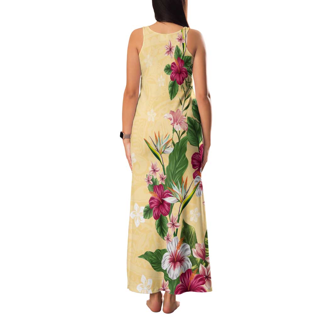 Hawaii Tropical Flowers Tank Maxi Dress Polynesian Tattoo Buttermilk LT05 - Polynesian Pride