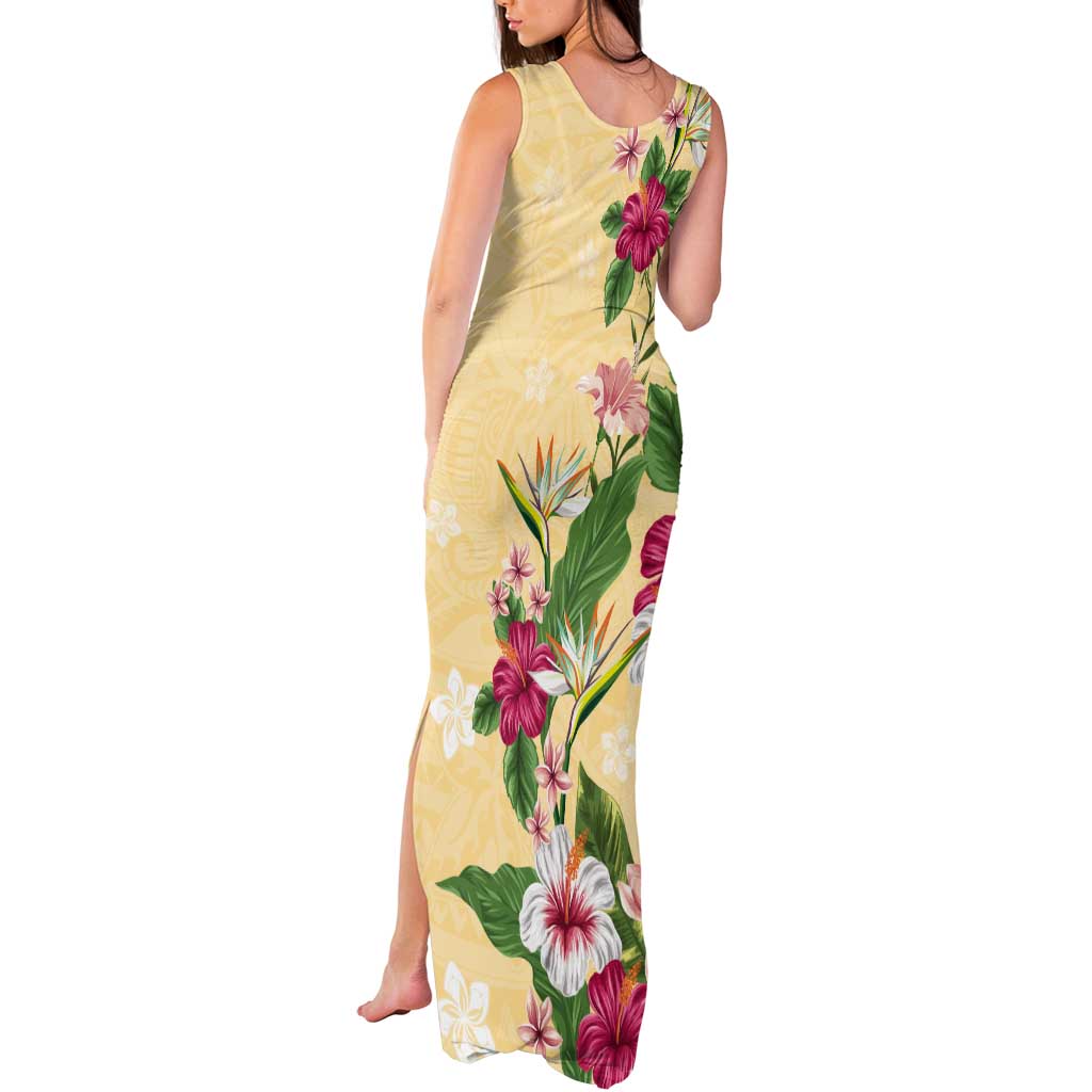 Hawaii Tropical Flowers Tank Maxi Dress Polynesian Tattoo Buttermilk LT05 - Polynesian Pride
