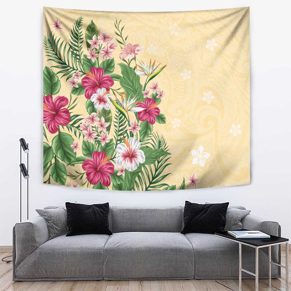 Hawaii Tropical Flowers Tapestry Polynesian Tattoo Buttermilk