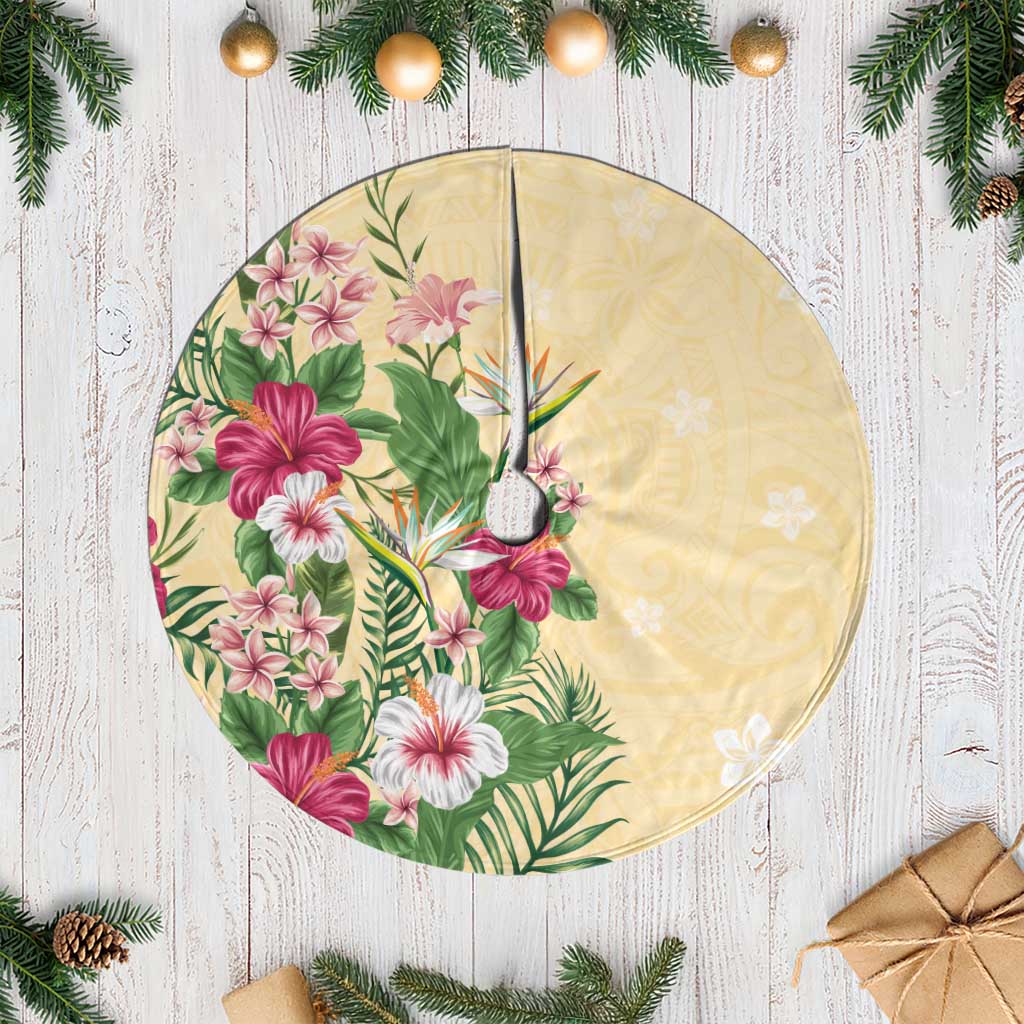 Hawaii Tropical Flowers Tree Skirt Polynesian Tattoo Buttermilk