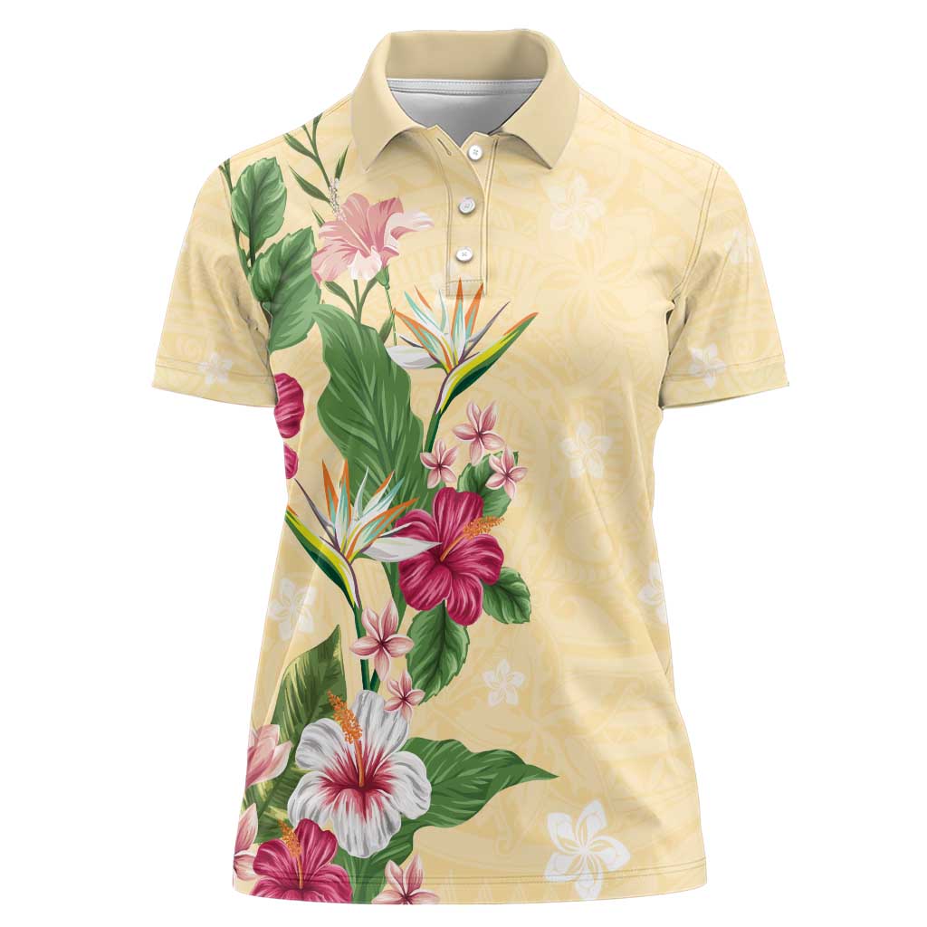 Hawaii Tropical Flowers Women Polo Shirt Polynesian Tattoo Buttermilk