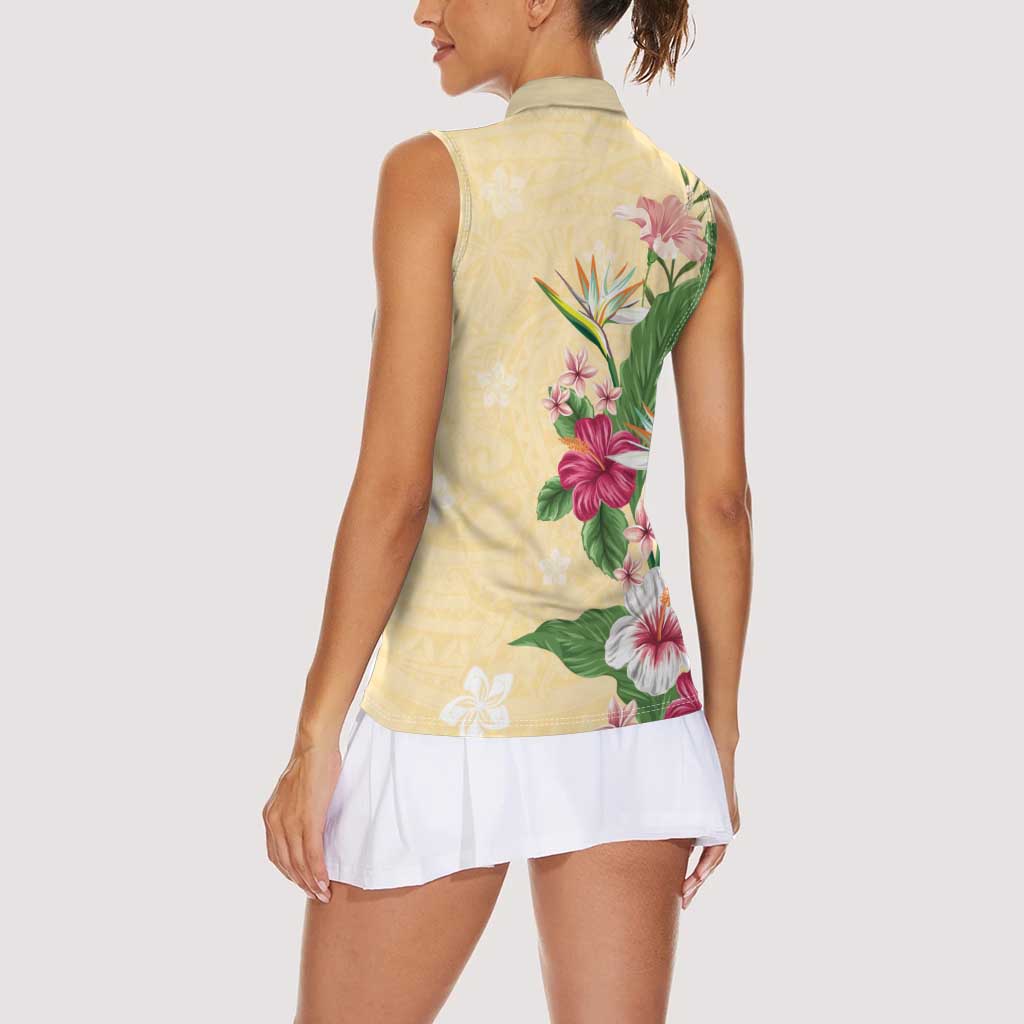 Hawaii Tropical Flowers Women Sleeveless Polo Shirt Polynesian Tattoo Buttermilk