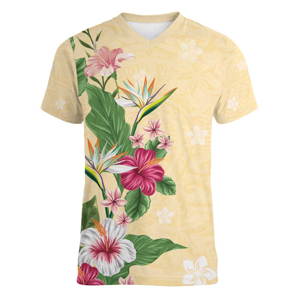 Hawaii Tropical Flowers Women V-Neck T-Shirt Polynesian Tattoo Buttermilk