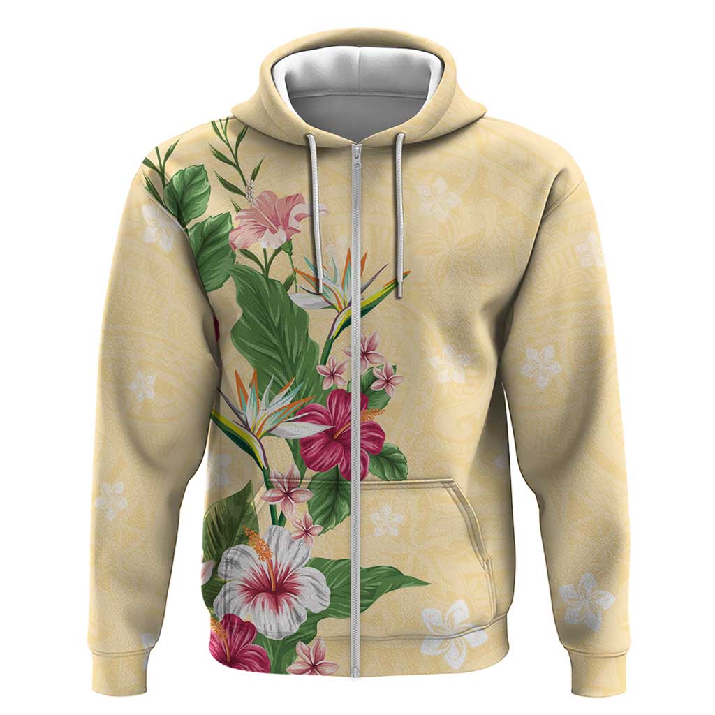 Hawaii Tropical Flowers Zip Hoodie Polynesian Tattoo Buttermilk